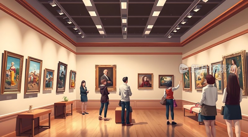 艺术馆内观众欣赏画作氛围高雅