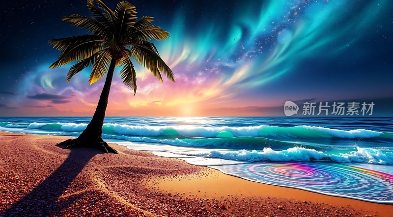 椰林晚霞映碧波