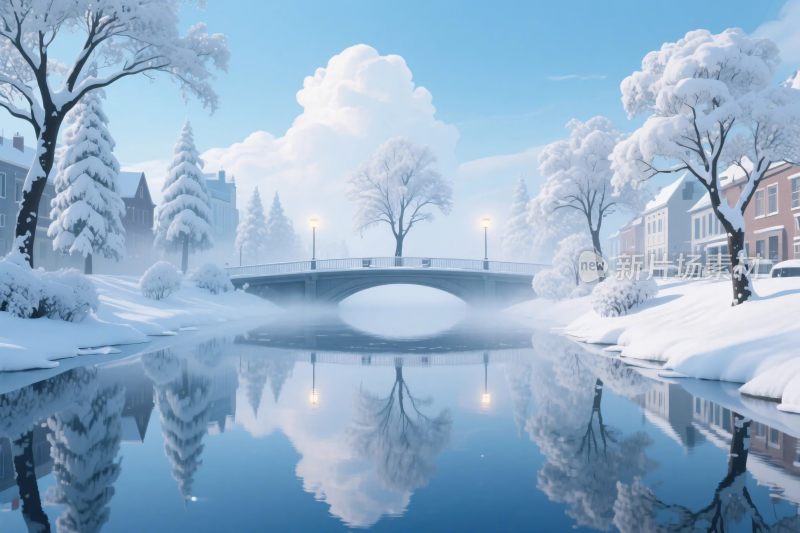 冬日雪景湖桥风景