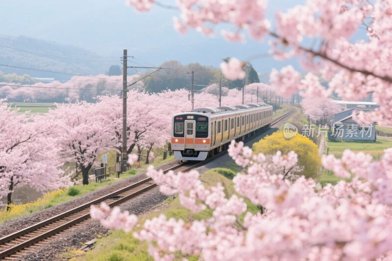 樱花铁轨列车风景
