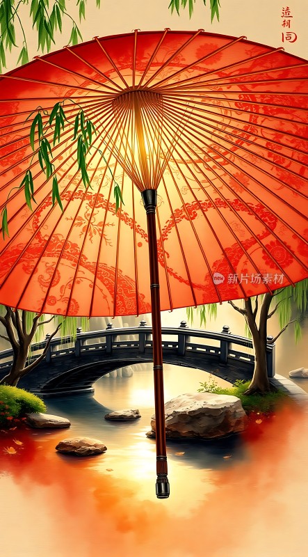 红色油纸伞下的宁静小桥流水