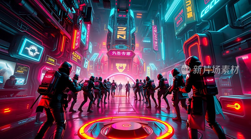 赛博朋克城市中的未来战士集结