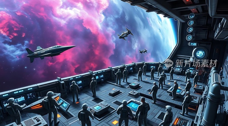 星际飞船内部宇航员操作设备外星景象壮丽