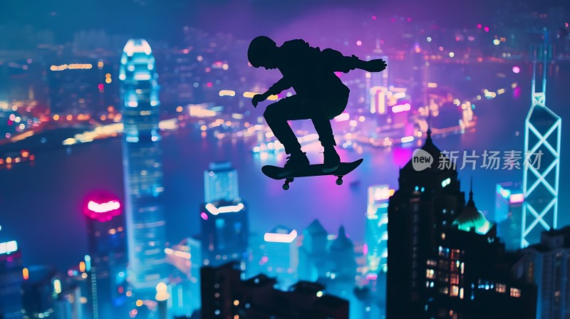 滑板少年飞跃城市夜景