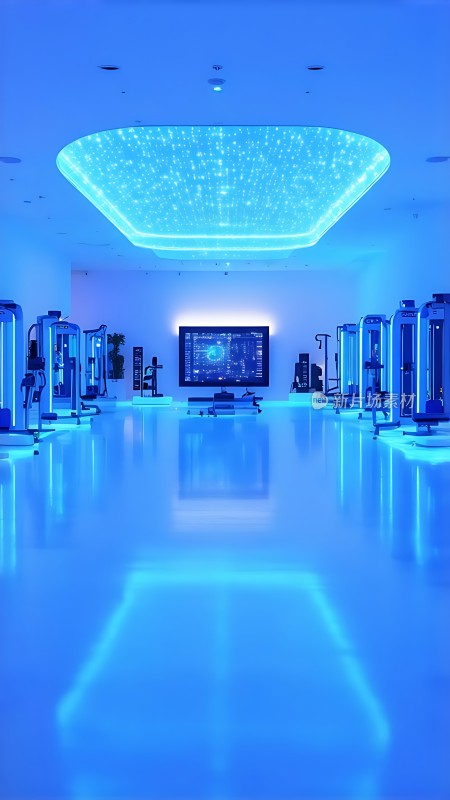 科技感健身房蓝色灯光下的健身器材与屏幕