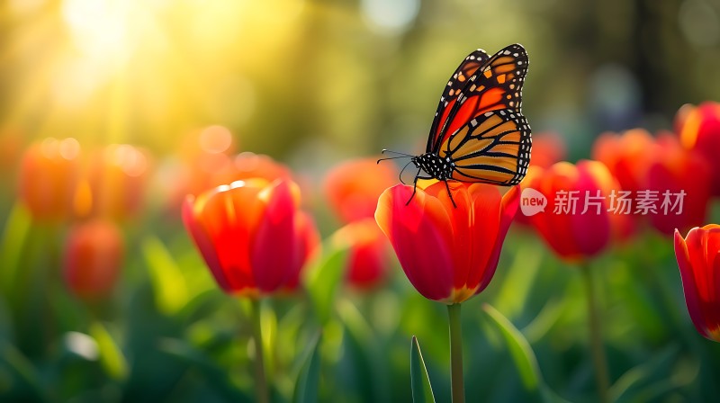 阳光下的蝴蝶与郁金香
