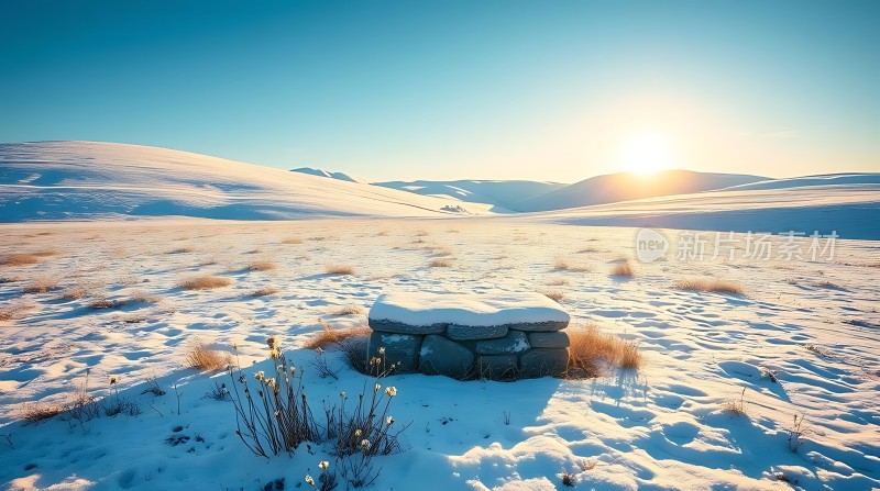 雪原孤石阳光下的宁静与美丽