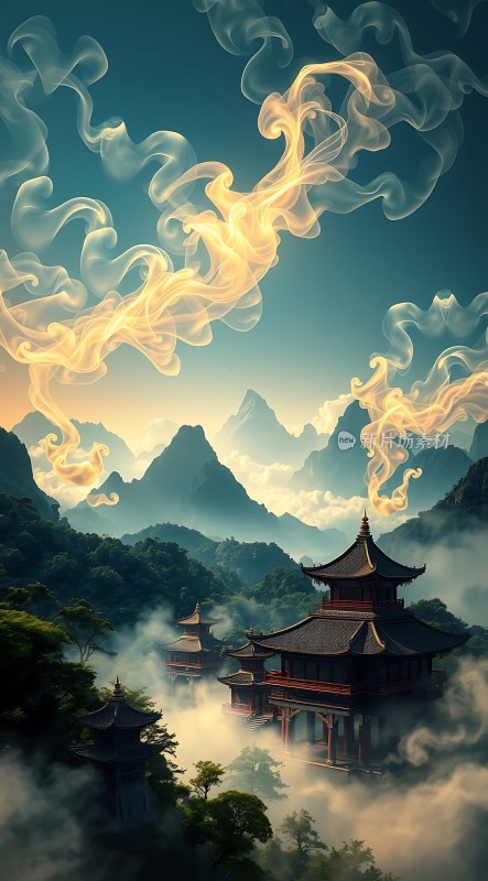 仙雾缭绕古建筑