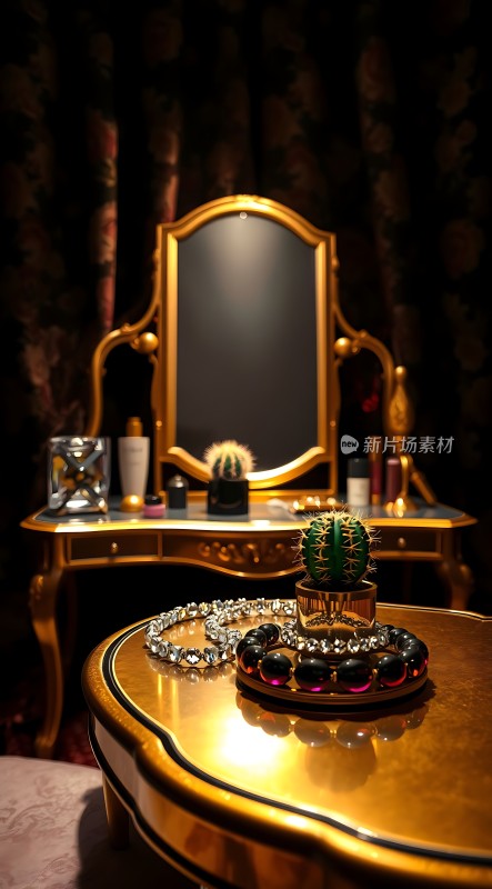 金色梳妆台上的精致饰品