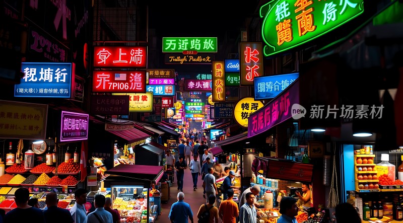 繁华夜市霓虹闪烁热闹非凡