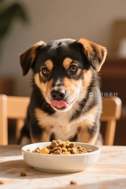 小狗食盆温馨画面