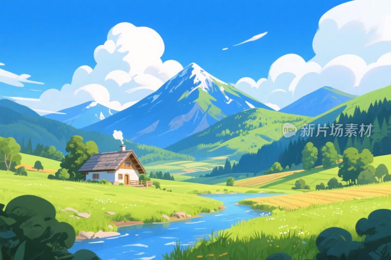 卡通山水田园风景插画