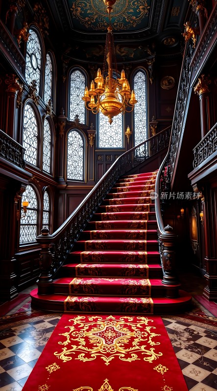 金色吊灯照耀下的红色楼梯