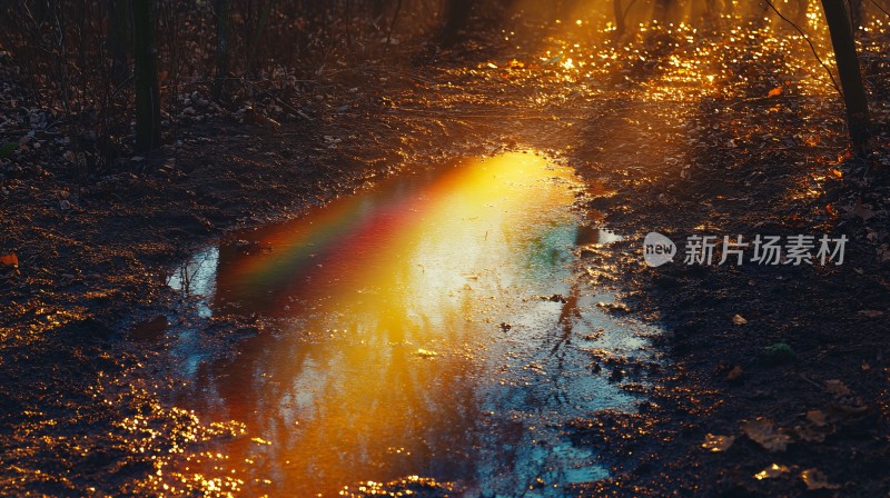 水坑里的夕阳倒影