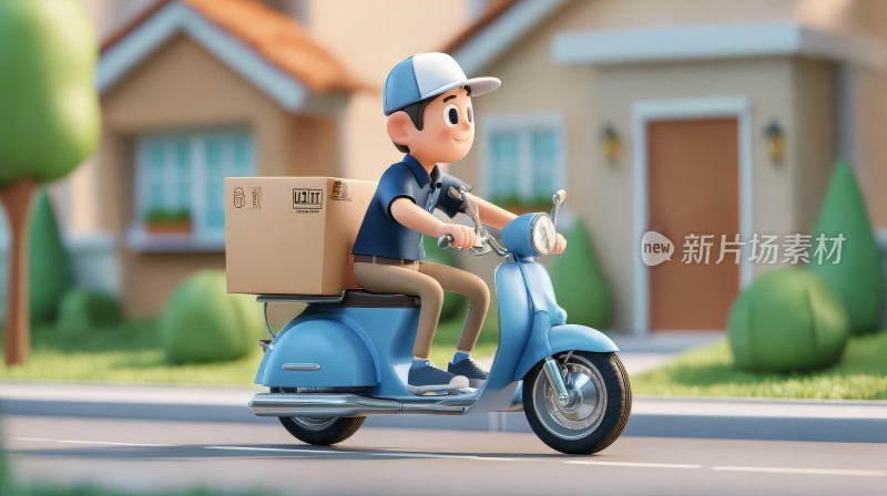3d卡通快递员，摩托车包裹送货