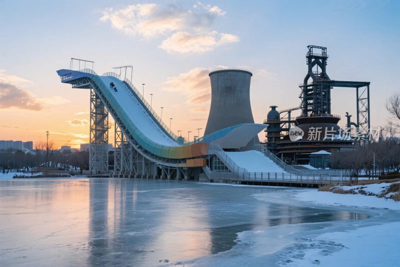 夕阳下的工业设施与滑雪跳台