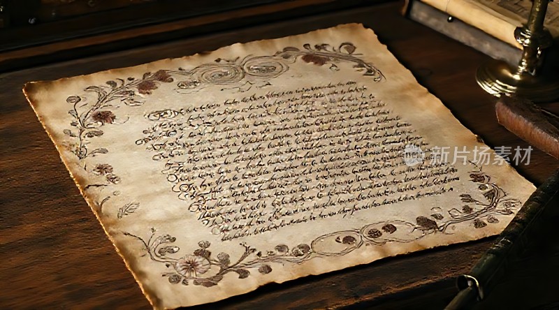 古旧卷轴上的优雅手写文本