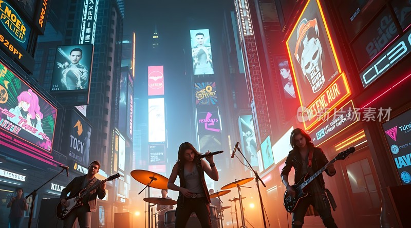 霓虹灯下乐队街头表演