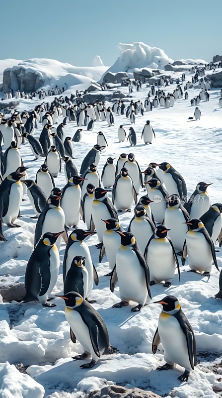南极企鹅群聚雪地景观