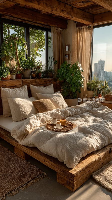 温馨木质卧室带绿植景观
