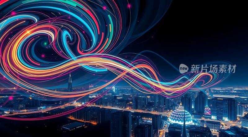 新片场素材城市夜空下的多彩光轨