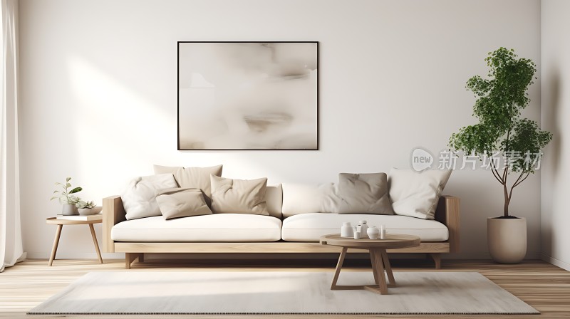 简约客厅舒适沙发艺术画作绿植点缀