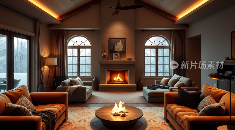 温馨壁炉客厅舒适沙发环绕
