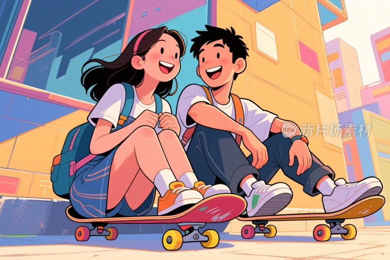两小孩滑滑板卡通插画