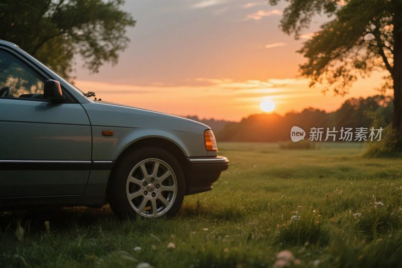 夕阳草地汽车风景
