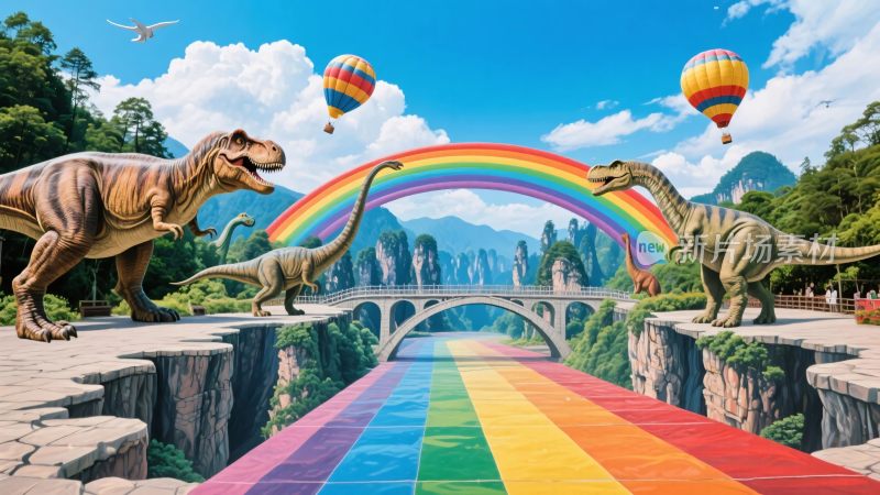 奇幻恐龙彩虹场景插画