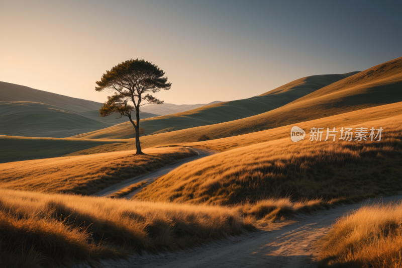 草地里的树一条土路高清风景图片