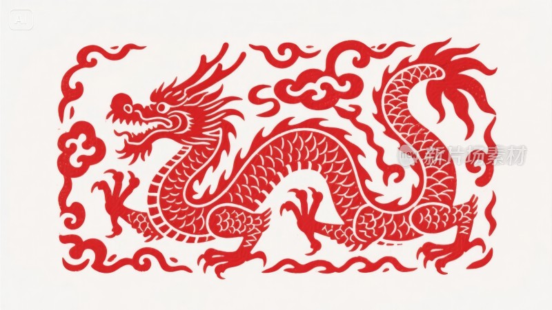 红色中国龙，龙年春节艺术剪纸龙纹