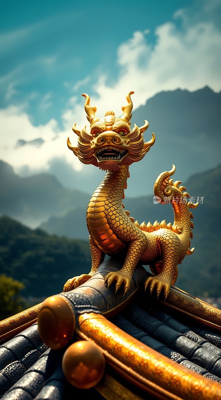 金碧辉煌的龙雕塑威风凛凛立于古建筑之上背景是青山白云画面充满东方韵味