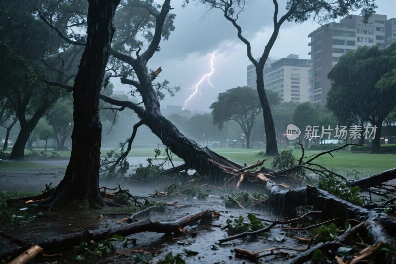 暴雨闪电灾害树林场景