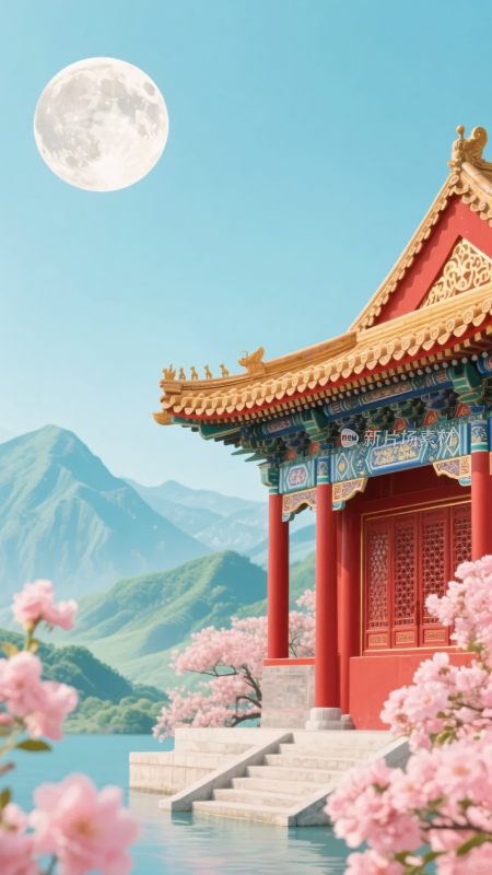 中式古亭与月夜山水美景