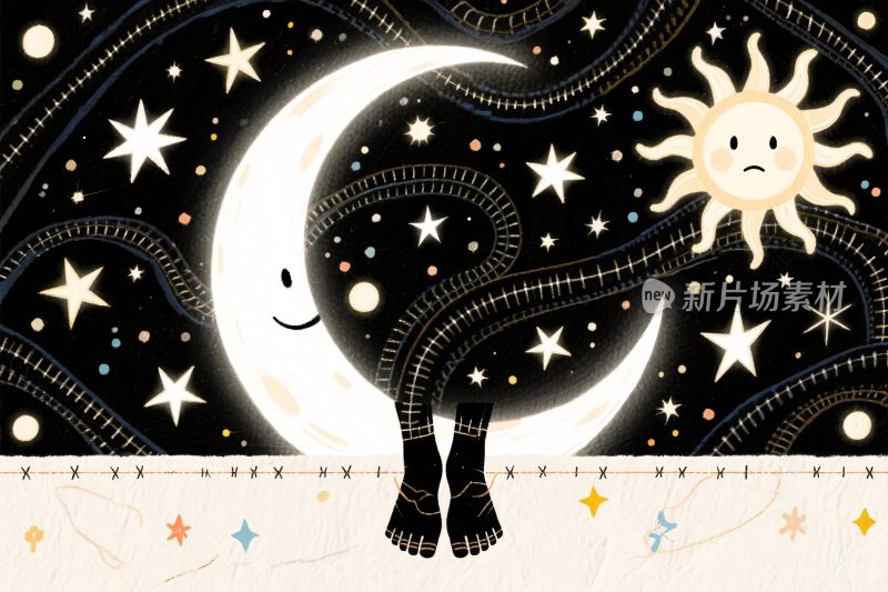 梦幻星空月亮太阳插画