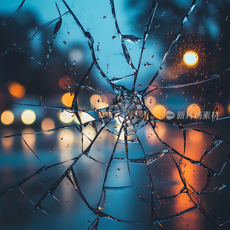 破碎玻璃下的城市夜景