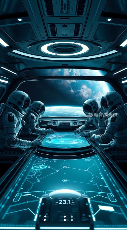 太空船内宇航员围桌操作地球美景尽收眼底