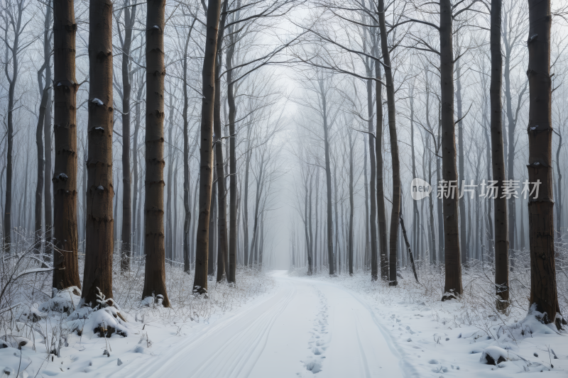 树林里的雪道地面上有雪迹高清背景图片