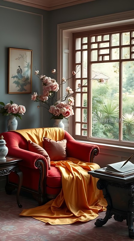 窗边红椅映花影书香墨韵伴花香