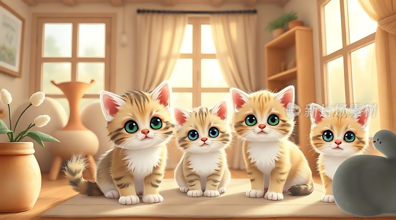 阳光下的四只可爱小猫