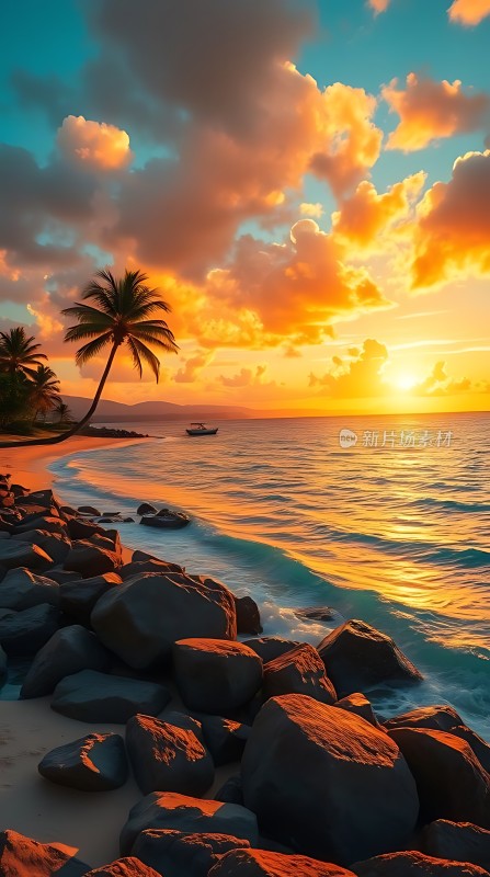 椰林晚霞映碧波