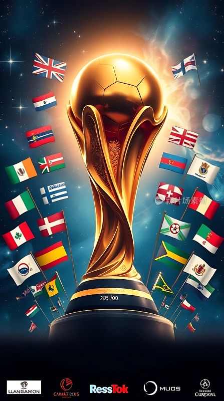 世界足球锦标赛奖杯与各国国旗