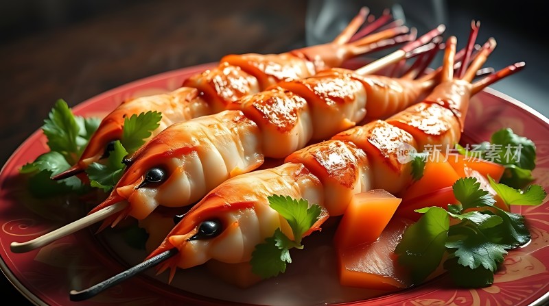 烤虾配香菜和胡萝卜