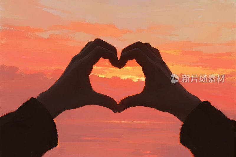 双手于晚霞中比心画面