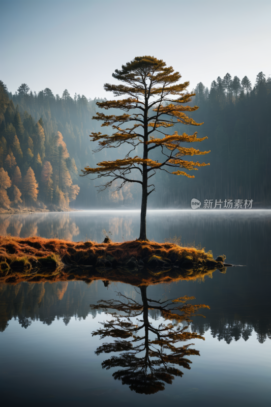 树木倒映在湖的静水中高清风景图片