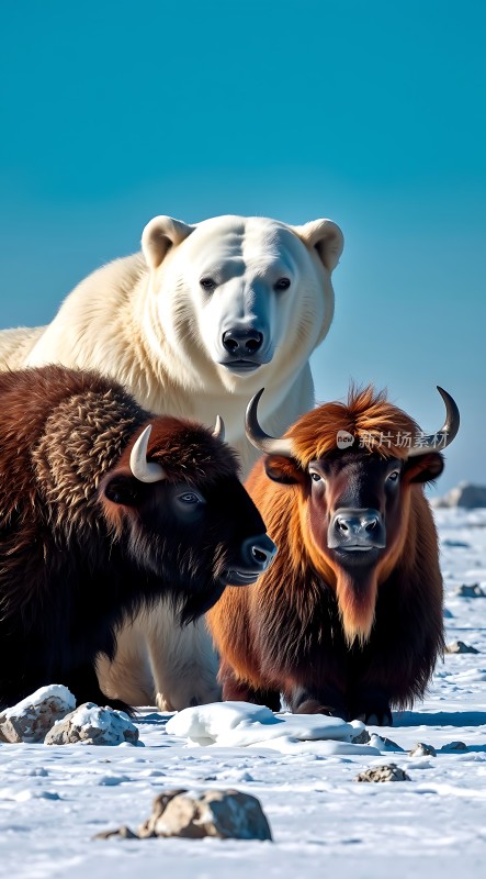 北极熊与双头羚羊雪地合影