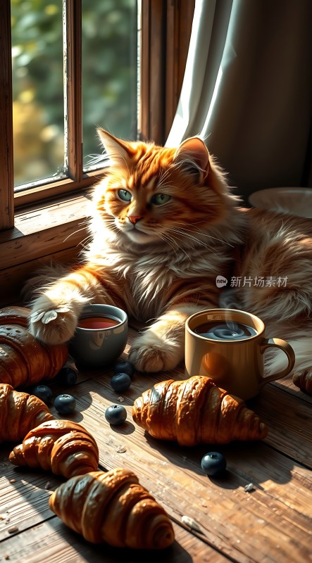 阳光下的橘猫与早餐时光