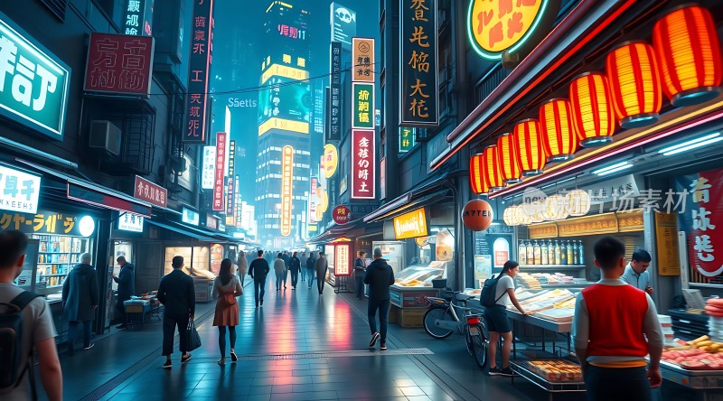 霓虹灯下的繁华夜市