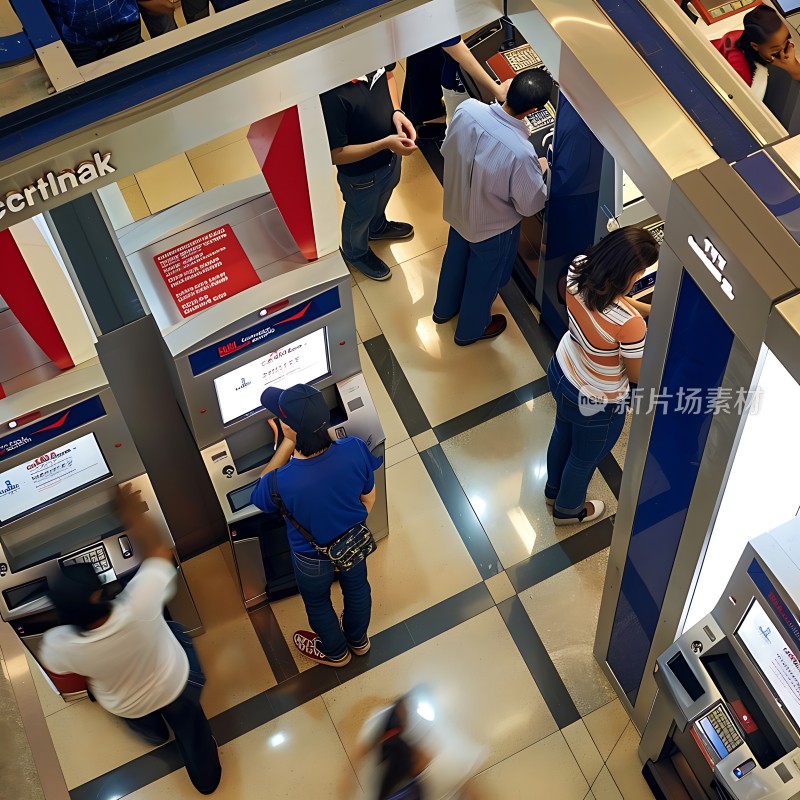 银行自助服务区人们正在使用ATM机办理业务